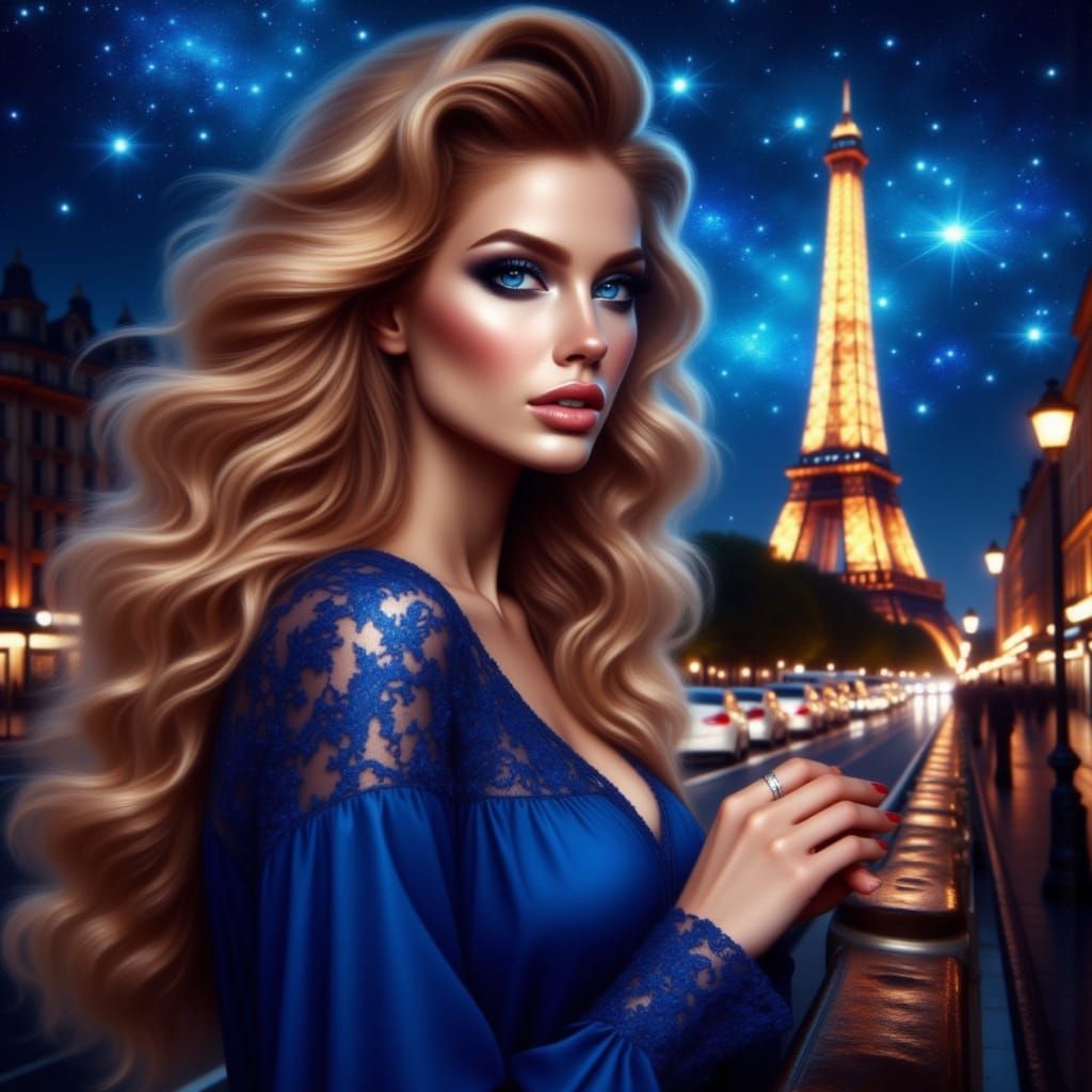 Elegant Woman Under Parisian Stars
