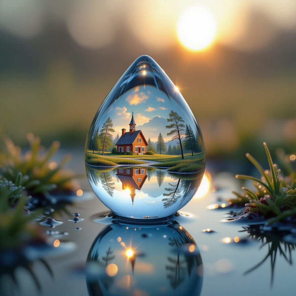 Miniature World Reflected in Crystal Dew Drop