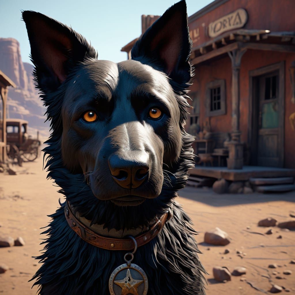 Three Legged Old West Dog with Snaggletooth