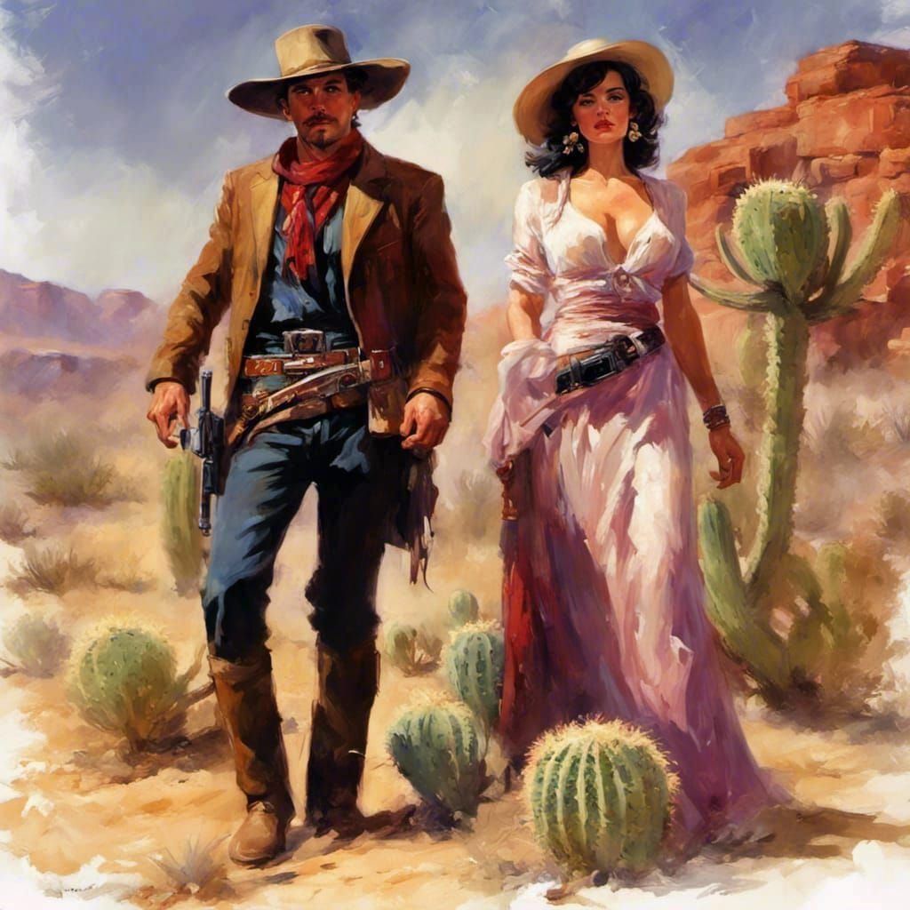 Romance novel cover: "The Bandido Gunslinger and Eastern Lady" desert. cactus and desert flowers, Alan Ayers,Pino dAENI,...