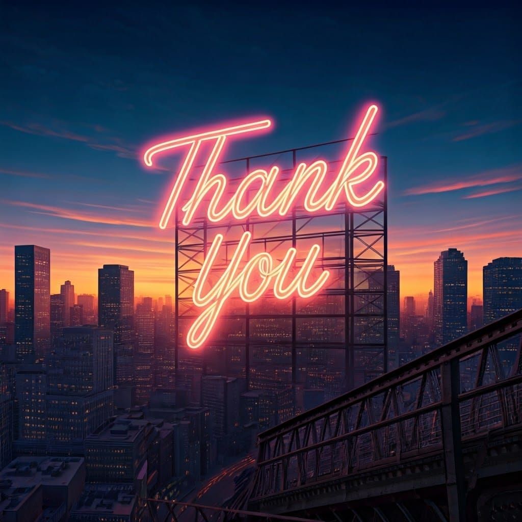 Towering Neon Sign Says Thank You in Cityscape