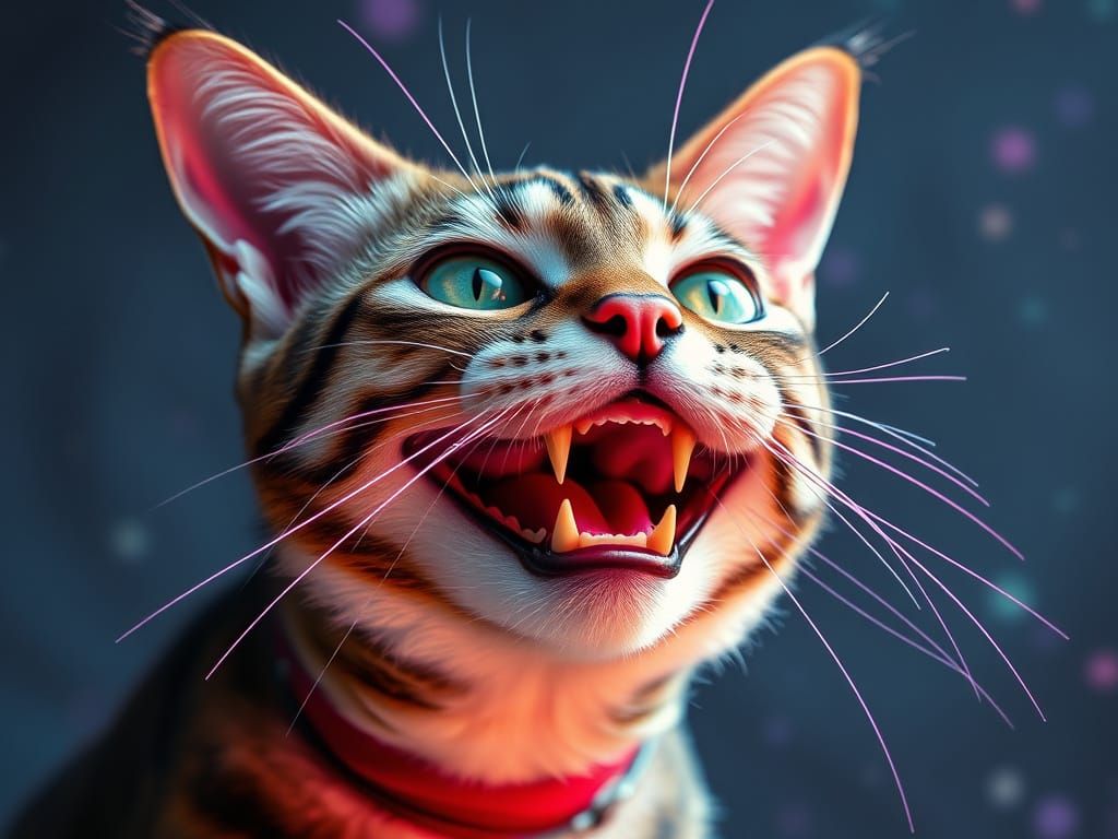Surreal Synthwave Cat Caricature with Glitch Art Effect