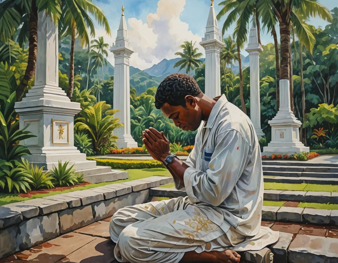 Fijian Boy Praying: Gouache Watercolor Impressionist Paintin...