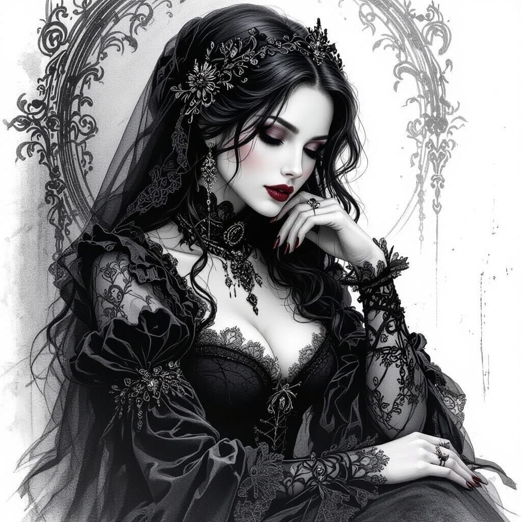 Mystical Woman in Gothic Attire: Pencil Sketch