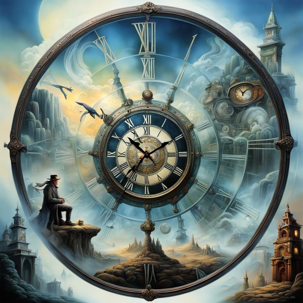 Translucent Time Traveler in Dreamy Fantasy Clockscape