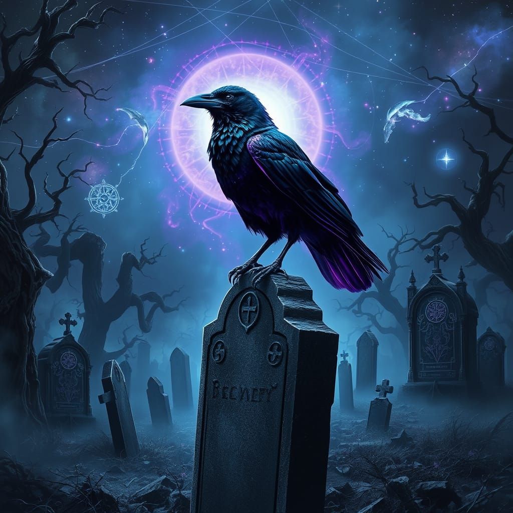 Gothic Raven in Cosmic Galaxy with Purple Aura