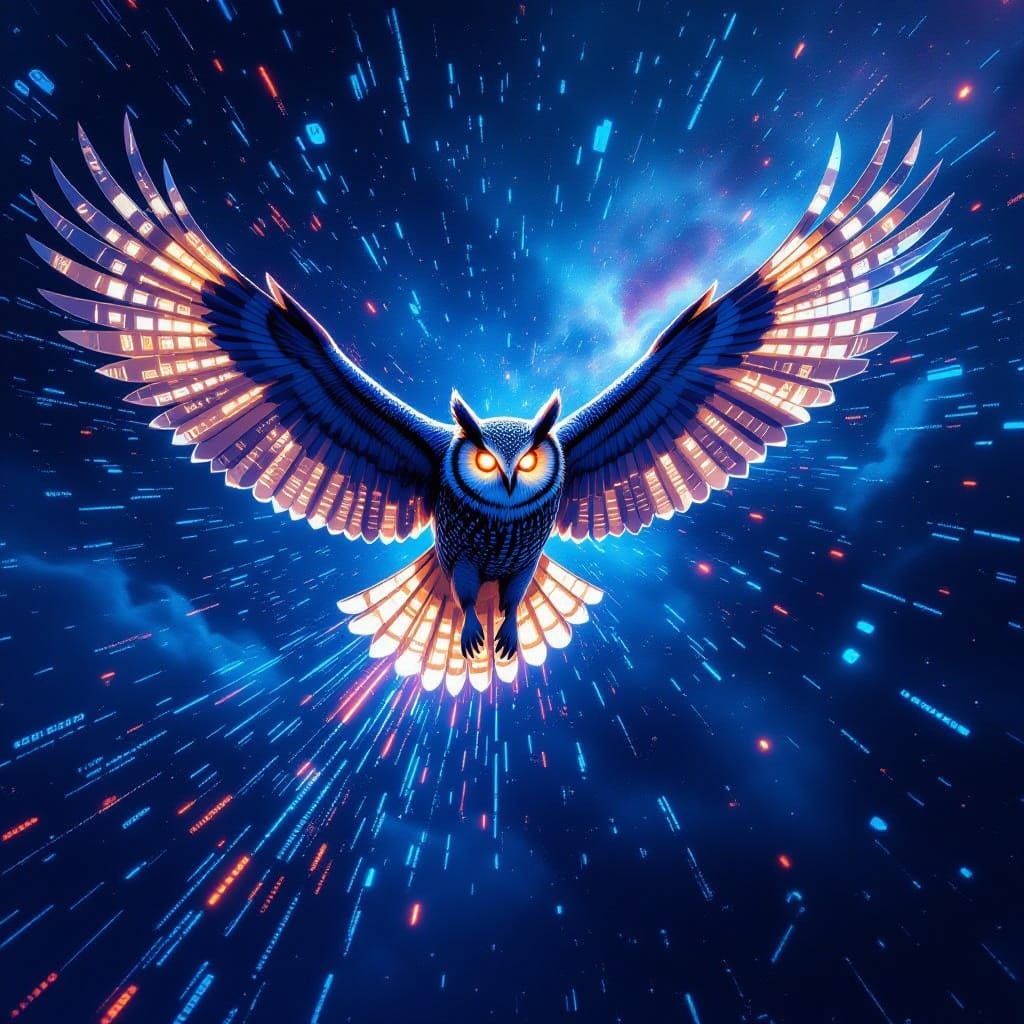 Majestic Owl Soaring Through Cosmic Binary Nebula