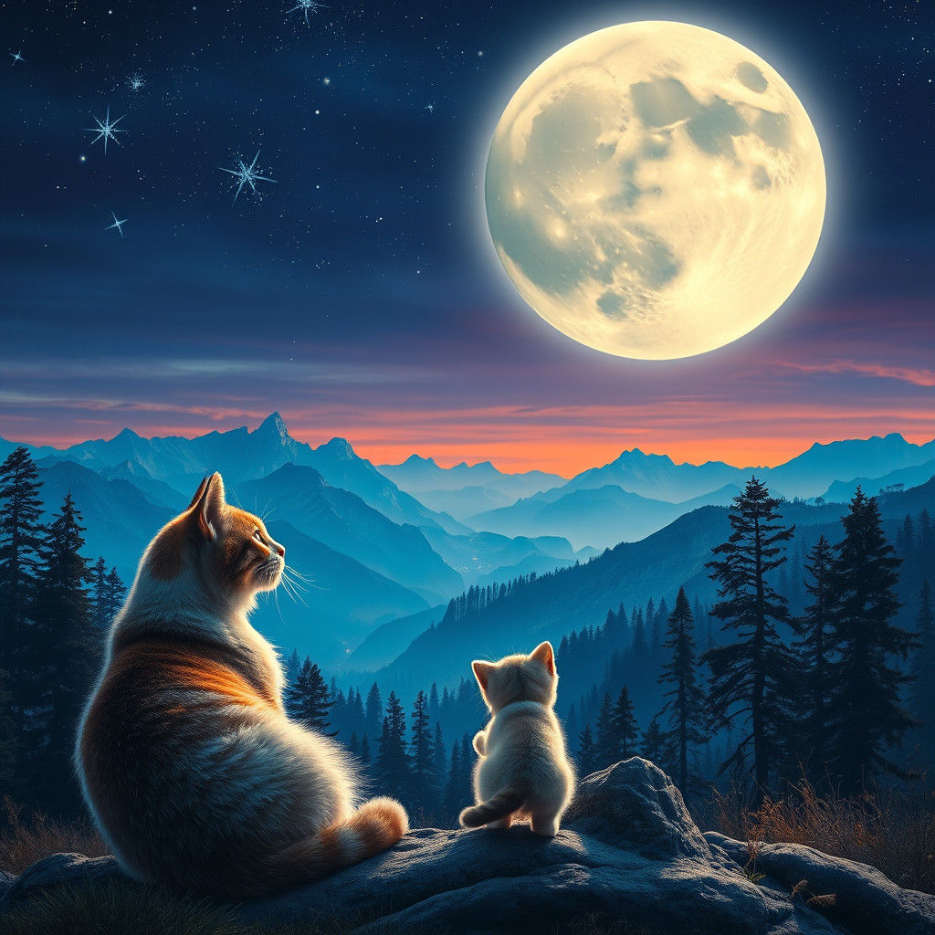 Lunar Dreamscape: Cat and Kitten Under the Moon