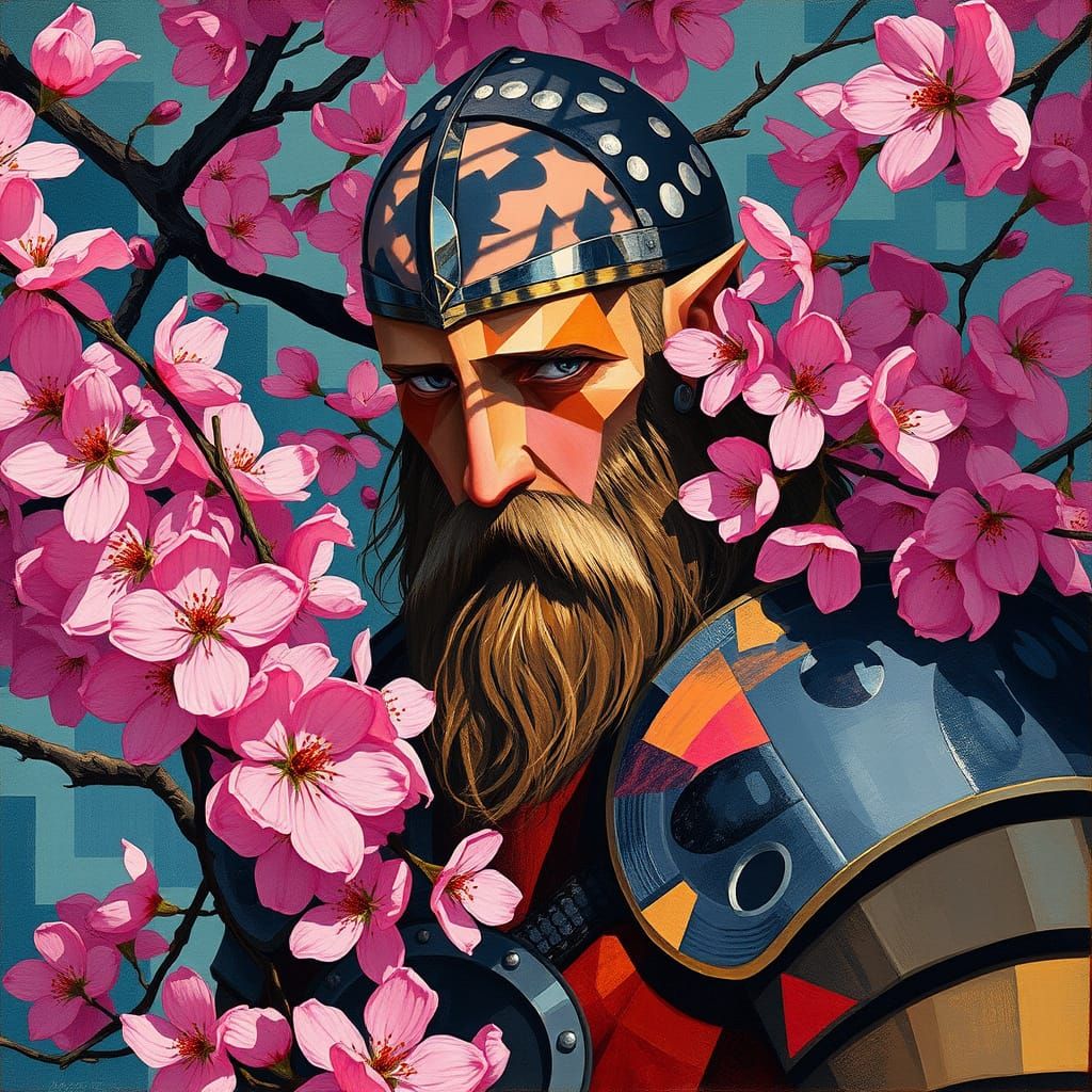 A Viking warrior stands amidst blooming cherry blossoms, ref...
