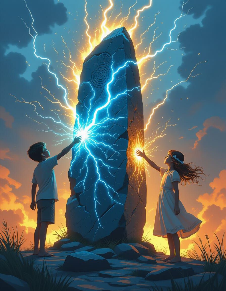 Slavic Myth Monolith with Children in Dark Fantasy Style