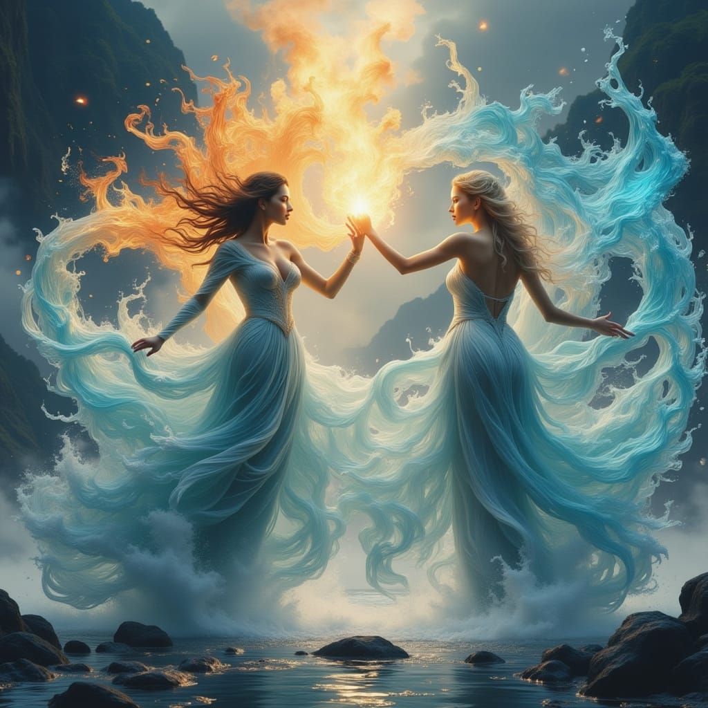 Water and Fire Spirits Battle in Ethereal Mist