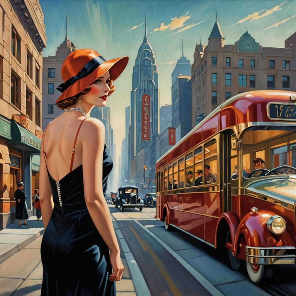 Flapper in Art Deco Cityscape, Tamara de Lempicka Style