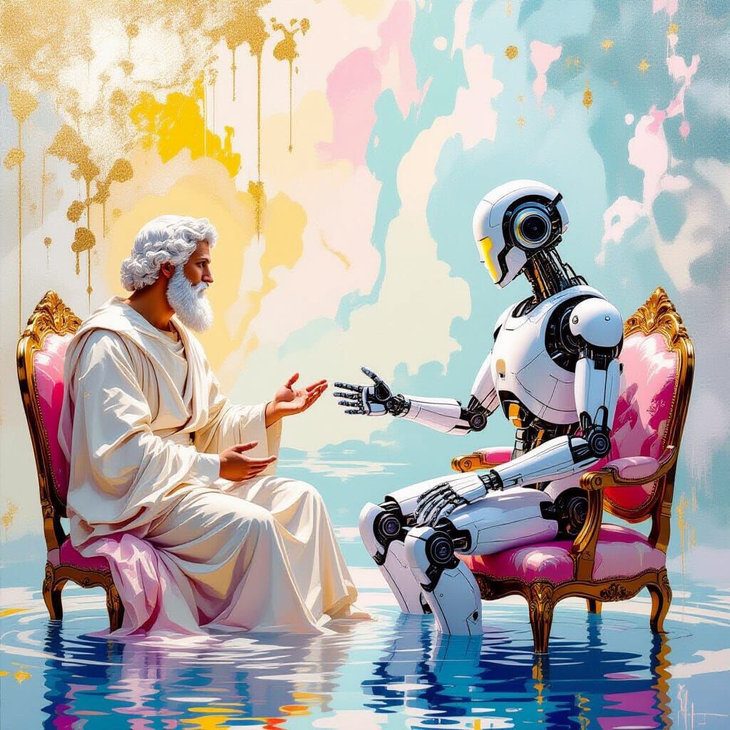 Aristotle Debates Robot in Metamodern Style