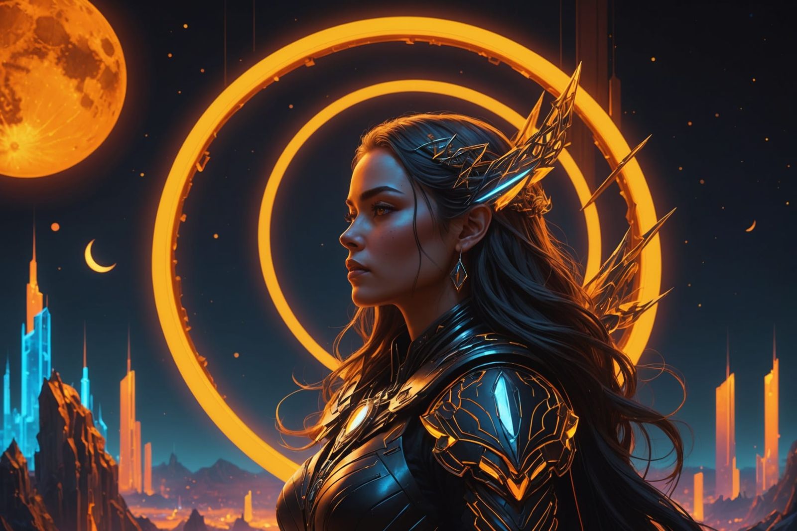 Neon Crystal Moon Digital Matte Painting