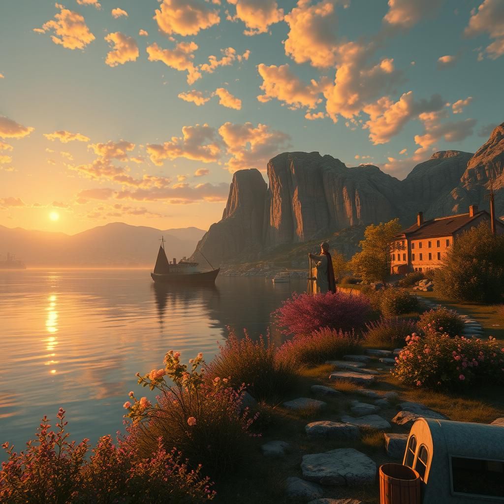 Golden Hour: Impressionistic Art Nouveau Landscape