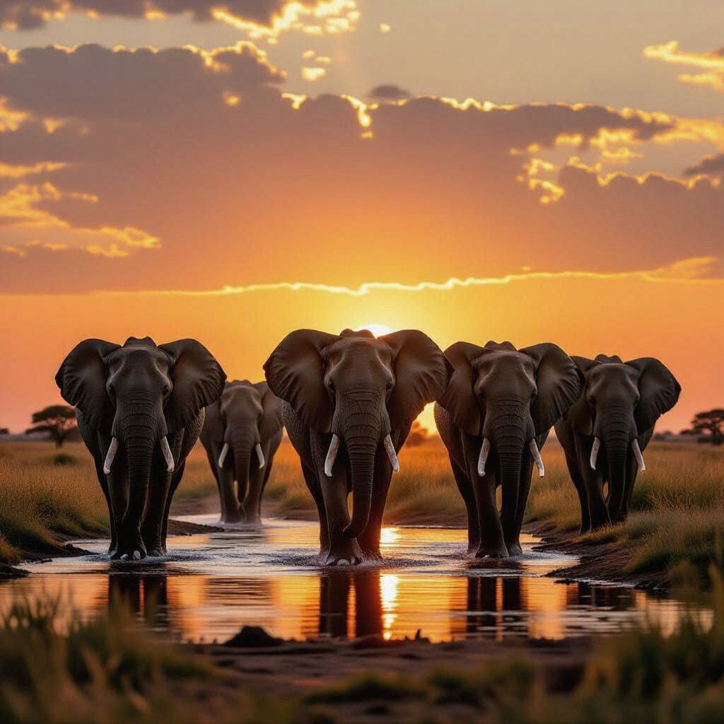 African Elephants Stroll Towards Water Hole At Golden Hour