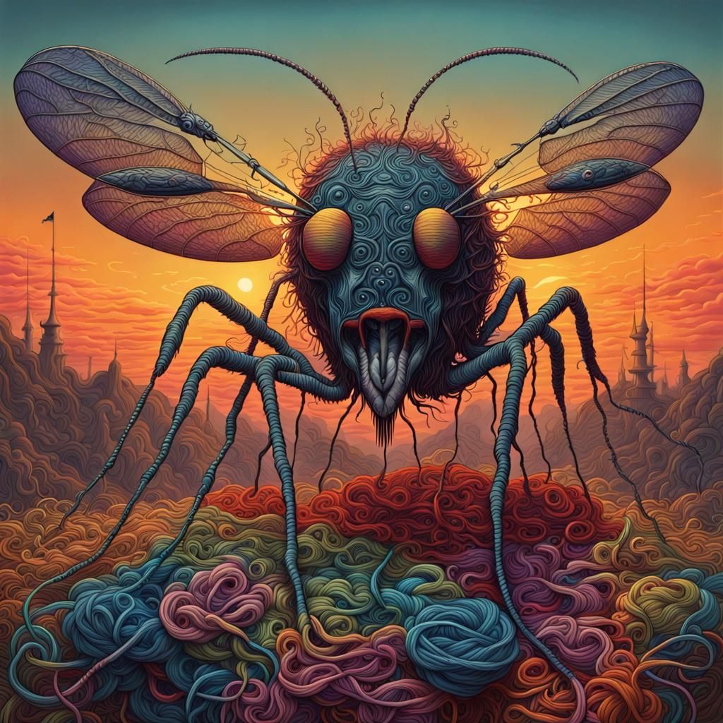Surreal Sunset with Hypermodular Mosquito in Impasto