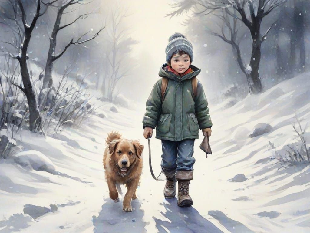 Boy Walking with Dog in Snowy Landscape