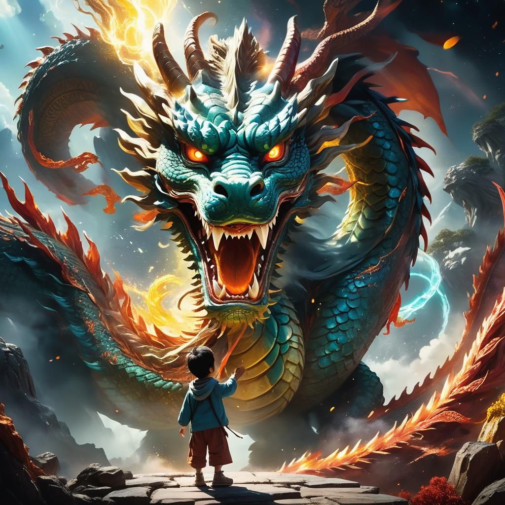 Child Summons Divine Dragon in Cosmic Scene