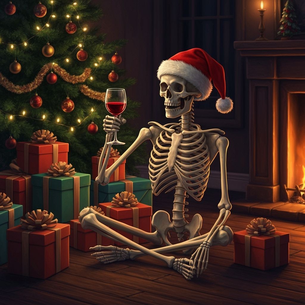 Skeleton Toasts Christmas Presents in Dark Fantasy Style