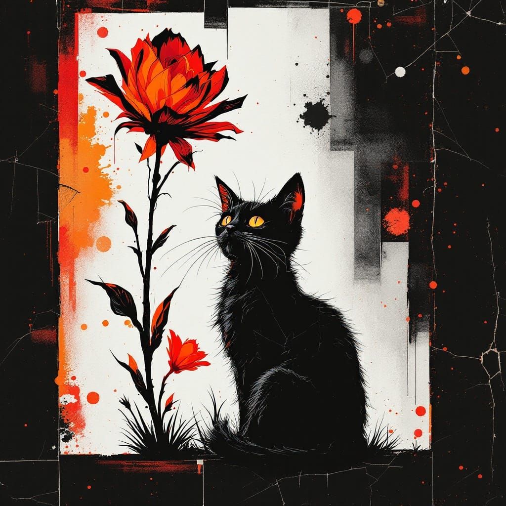 Surreal Feline Portrait in Stylized Grid Framework