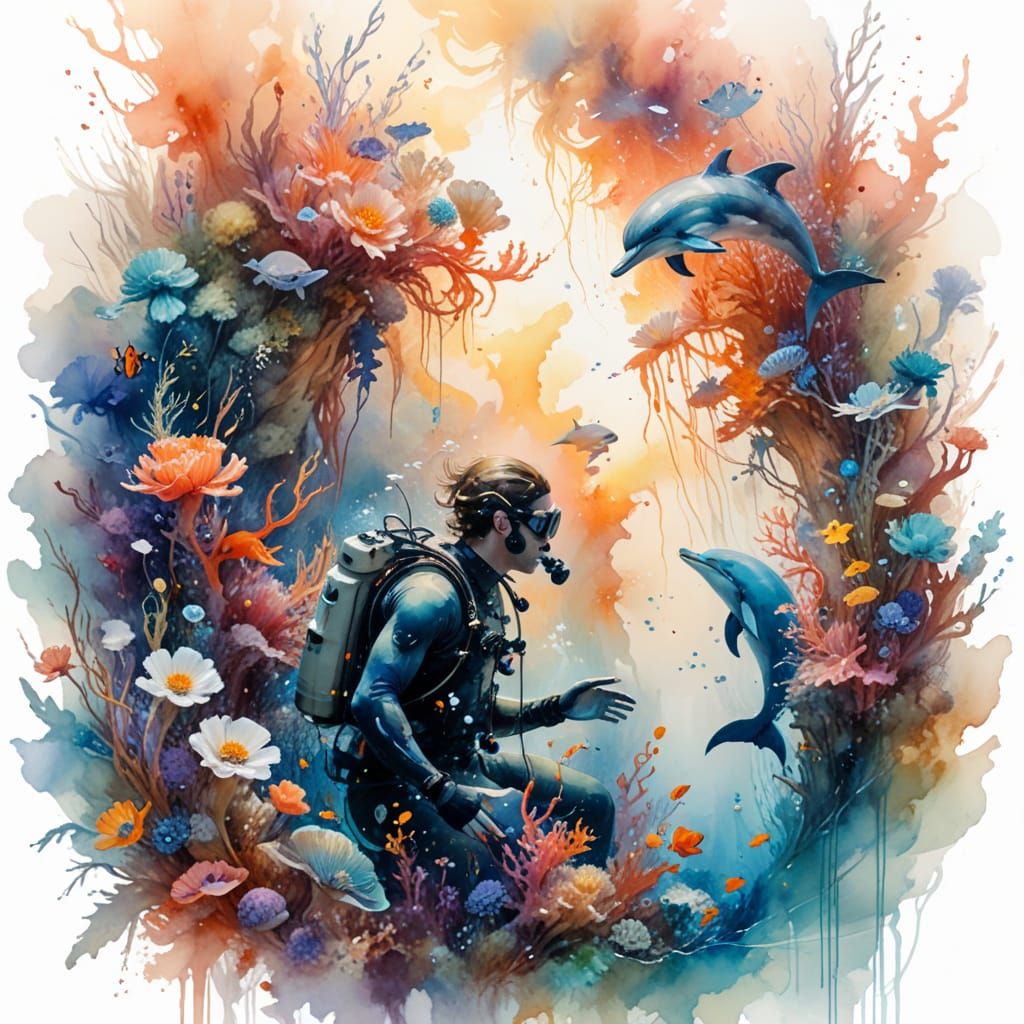 Diver and Dolphin in Vibrant Watercolor Reef