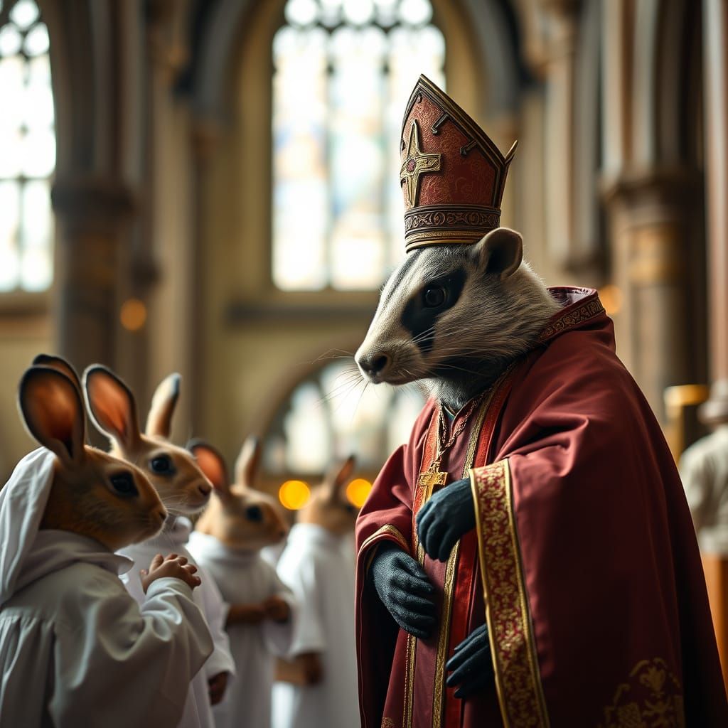 Badger Bishop Counsels Rabbit Alter Boys in Cathedral