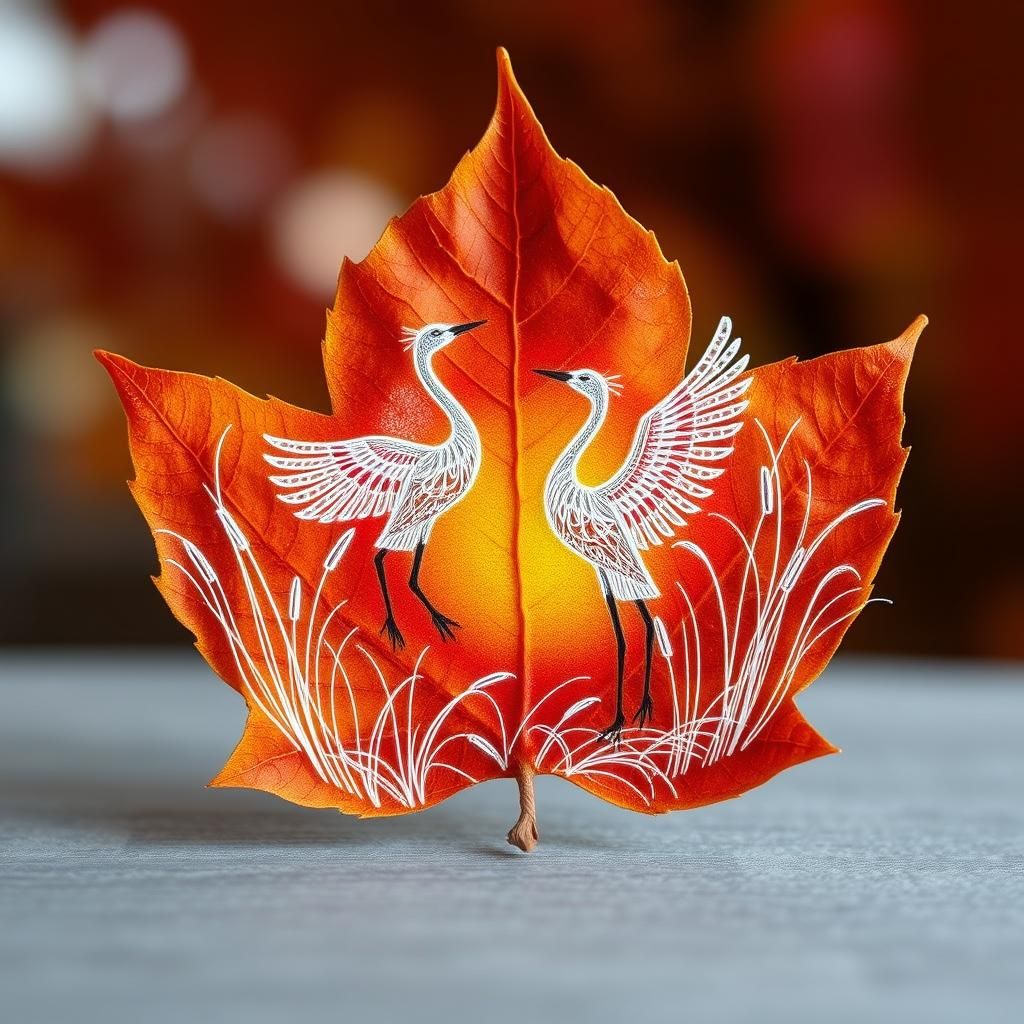 Miniature String Art on Maple Leaf with Cranes