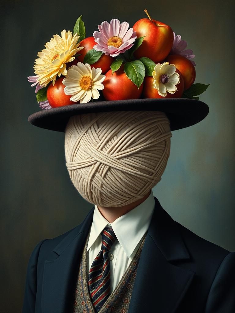 Surreal Yarn Person with Fruit Hat, in Magritte Style
