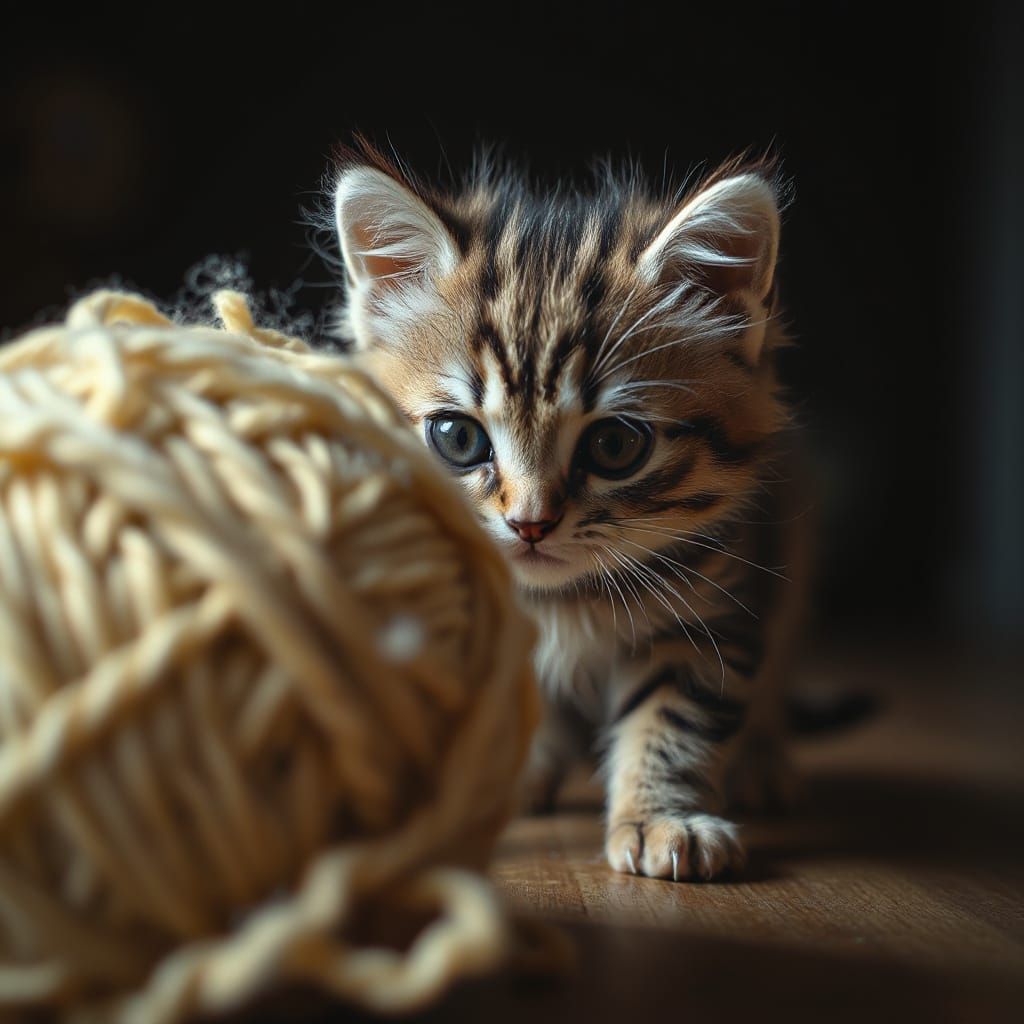 Fluffy Kitten Focused on Yarn Ball, Realistic Photography