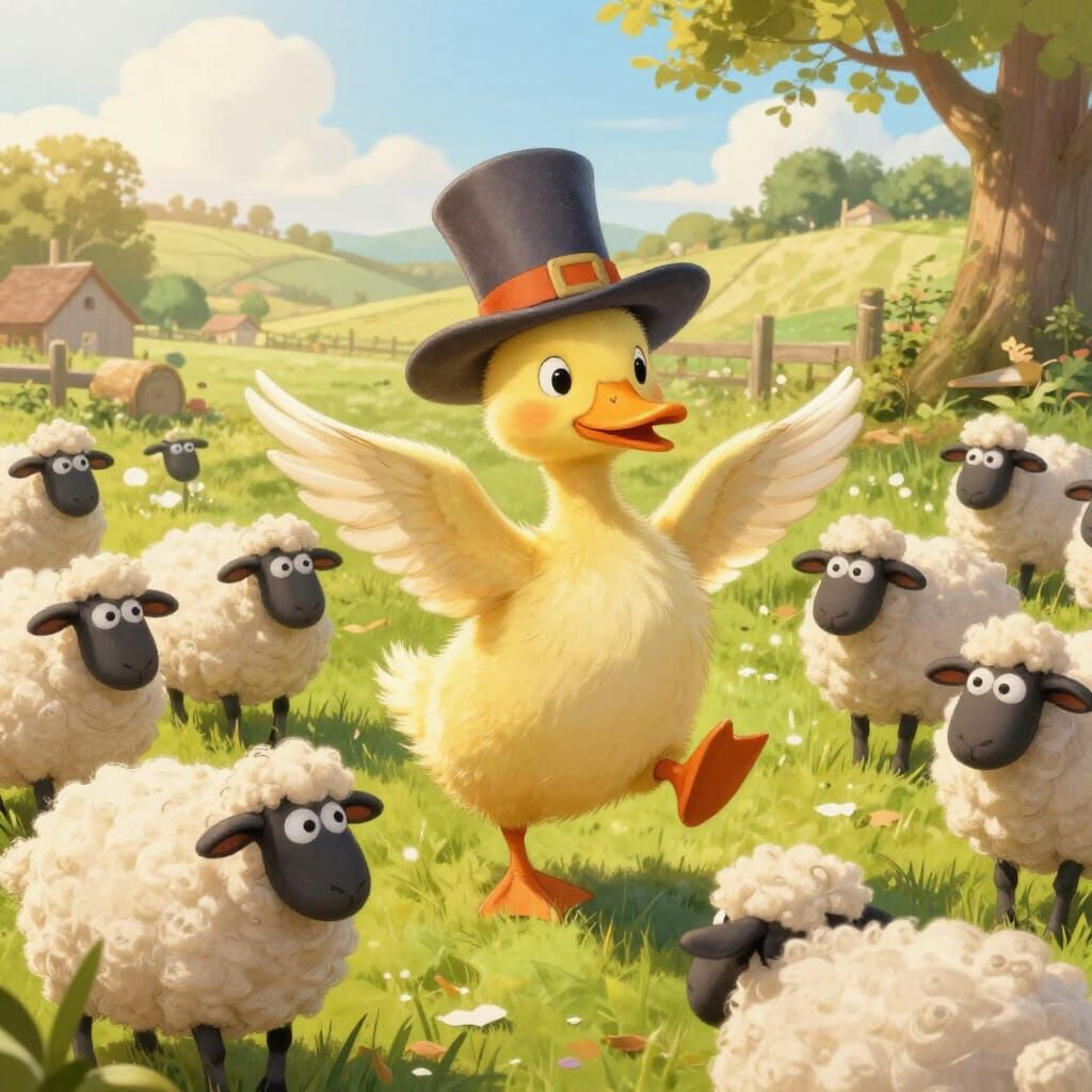 Whimsical Duckling Leads Sheep in Silly Dance