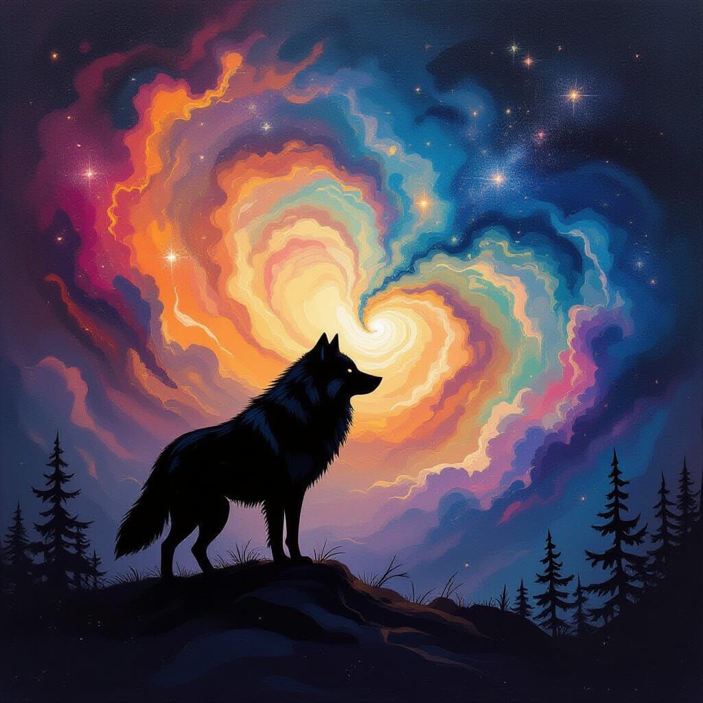 Lone Wolf Against Cosmic Nebula in Impasto Style