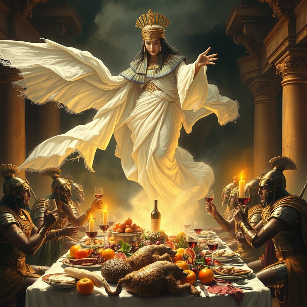 Ethereal Egyptian Queen Surveys Roman Feast in Golden Glow