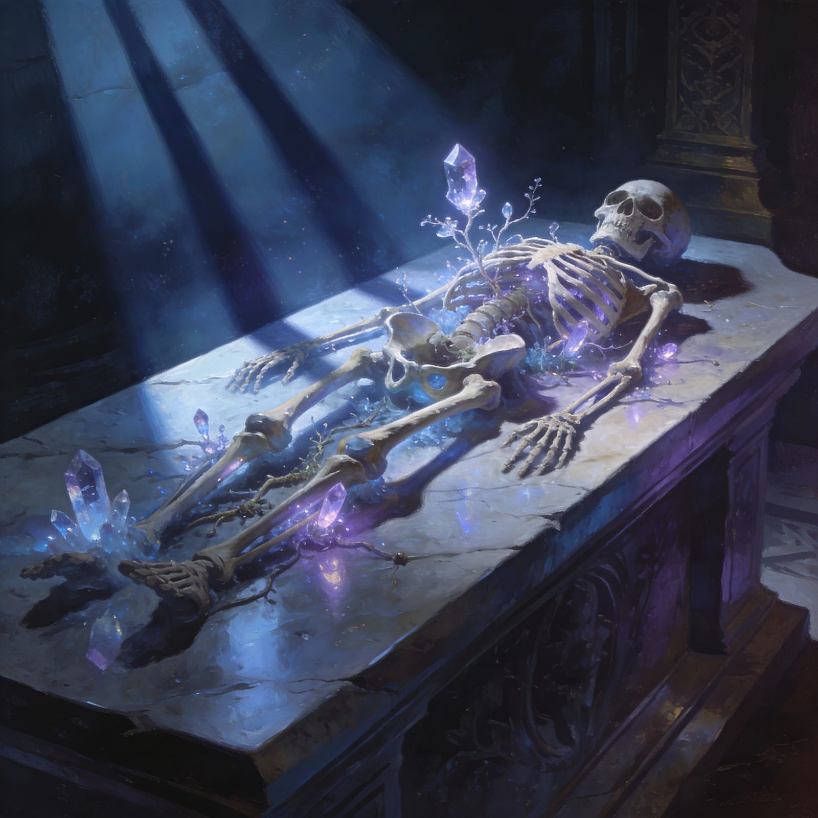 Skeleton Crystallizing on Altar in Ethereal Light