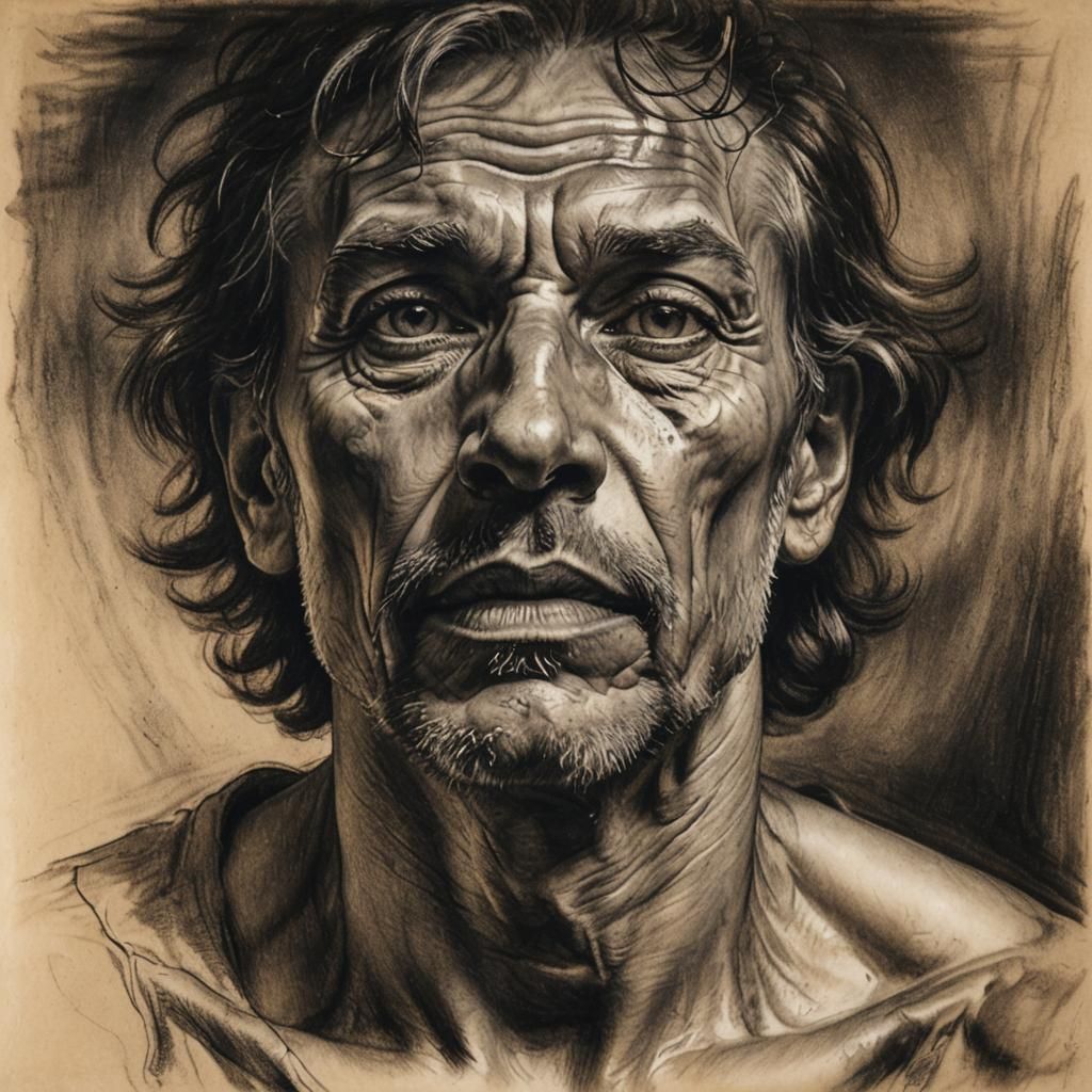 Serene Man in Charcoal Drawing with Chiaroscuro