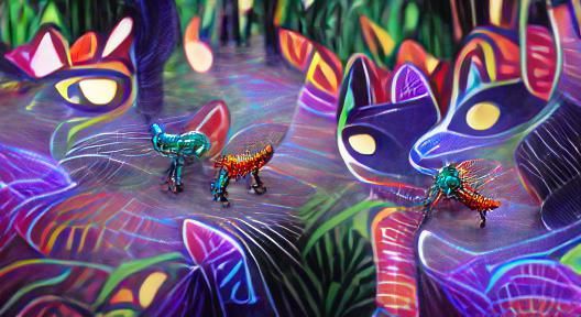 Cat and Insect Alebrijes in Holographic Forest