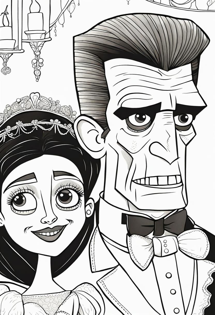 Frankenstein and Bride: Pixar Coloring Page for Adults
