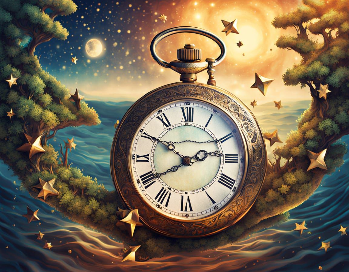 Surreal Pocket Watch Merges with Starry Landscape