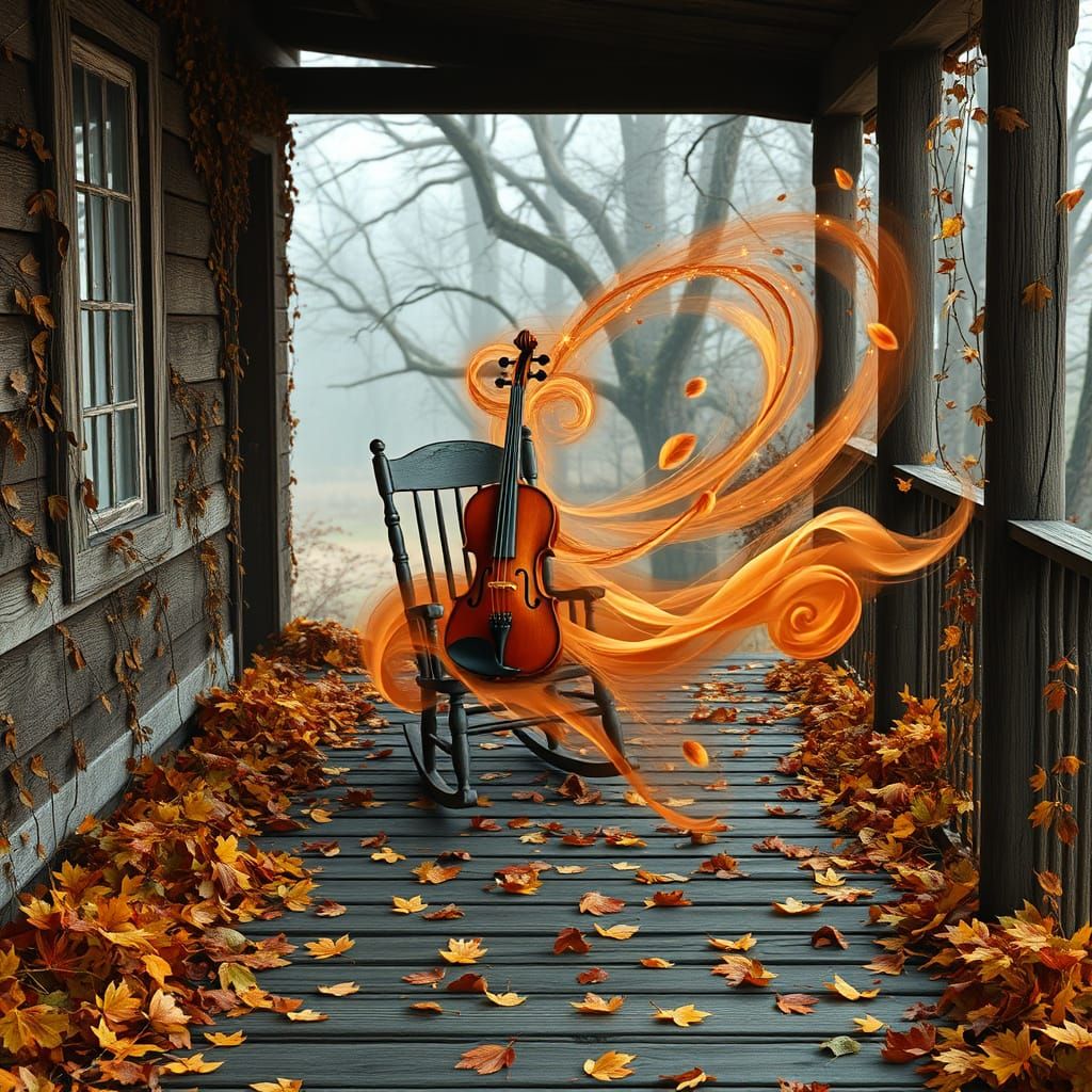 Antique Violin on Abandoned Porch with Autumnal Mists