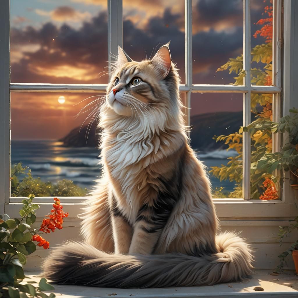 Luminescent Ocean View Through Window with Cute Cat