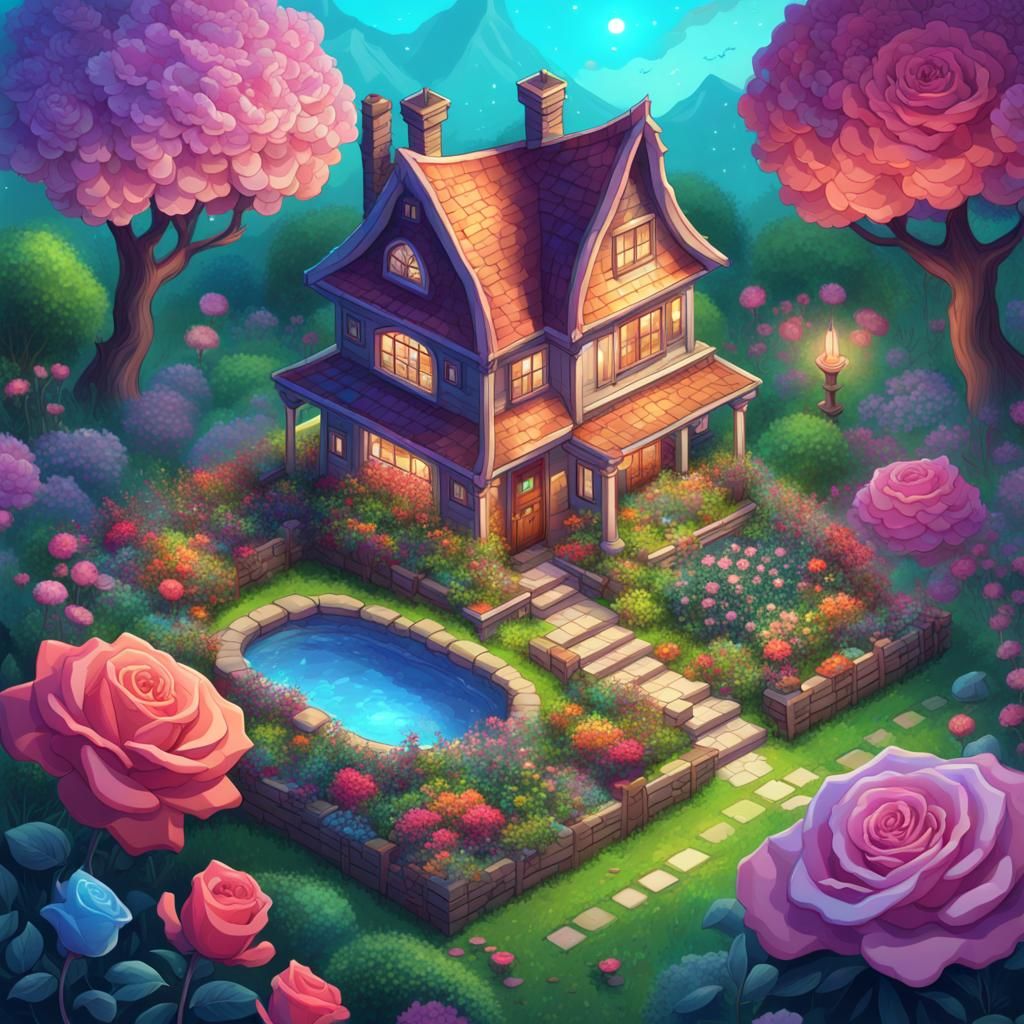 Isometric RPG House with Colorful Garden
