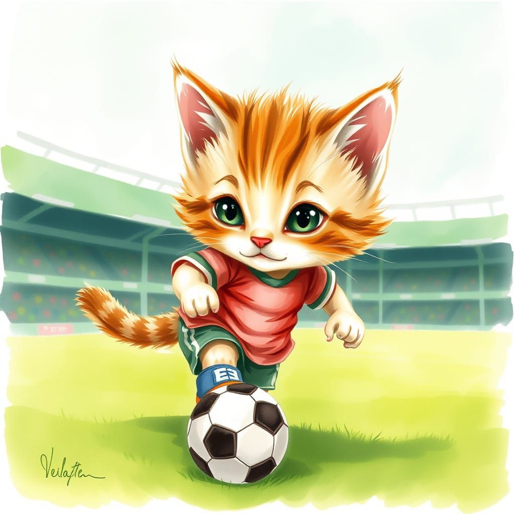 Whimsical Kitten Plays Soccer in a Bright Green Stadium