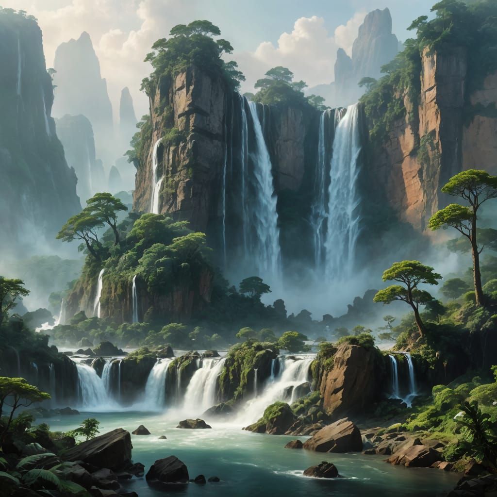 Towering Waterfalls in a Dramatic Landscape