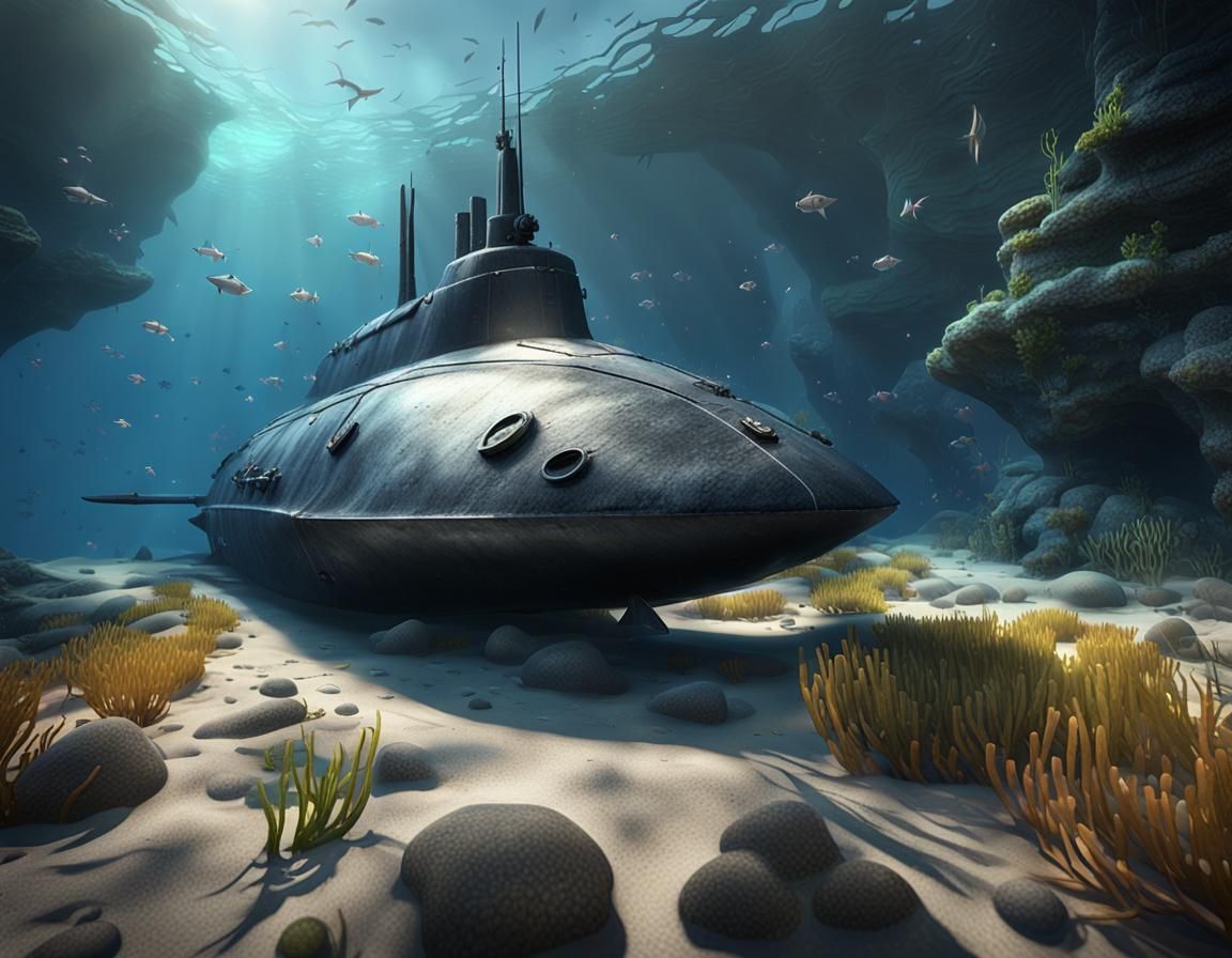 Submarine Among Seaweed in Detailed 3D Rendering