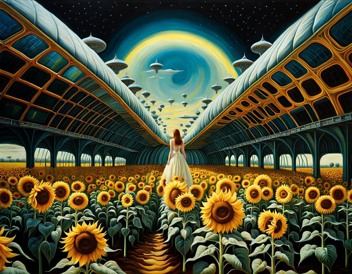 Surreal Fashion Show in Sunflower Field with Starships