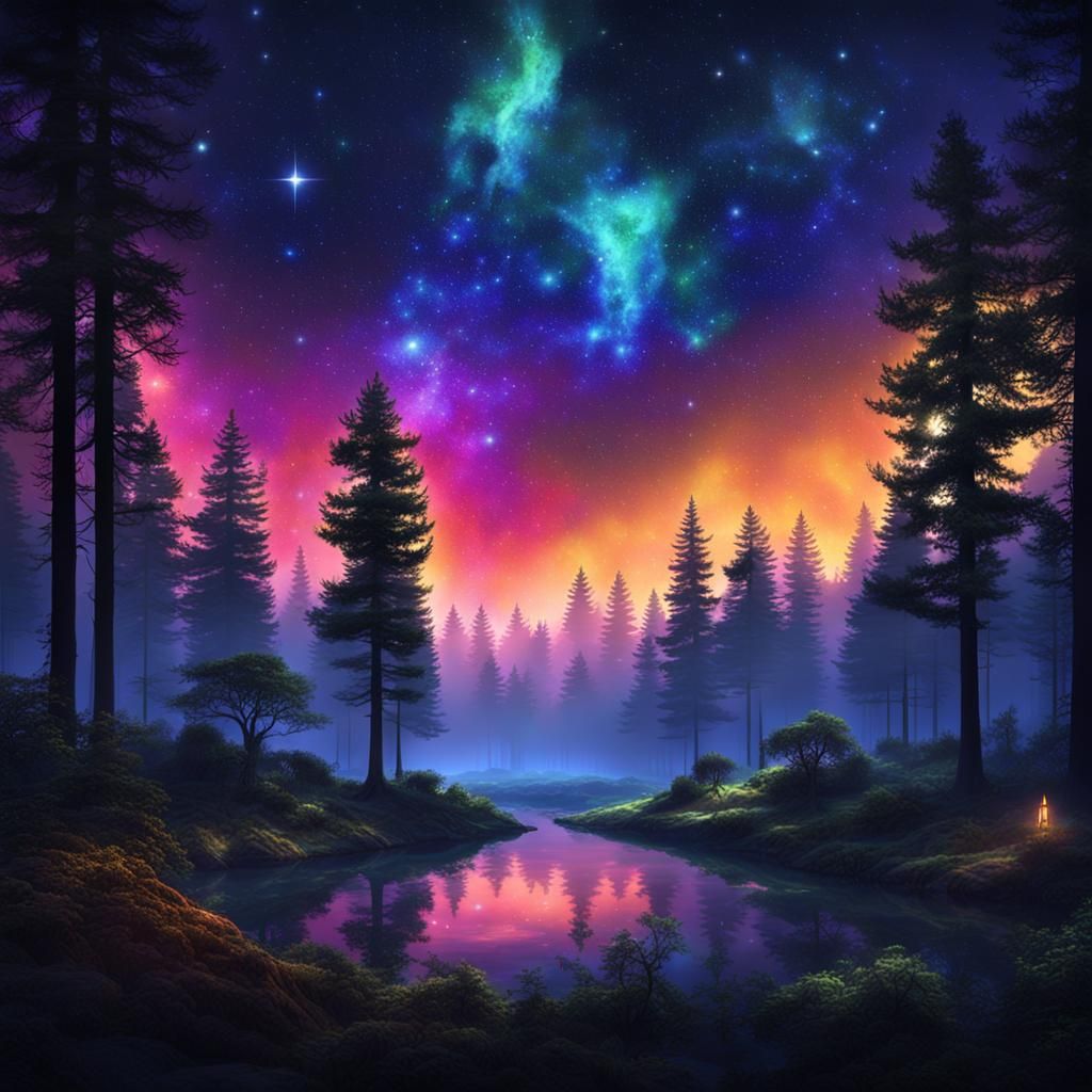 Enchanted Forest Under Starry Sky: Fantasy Concept Art