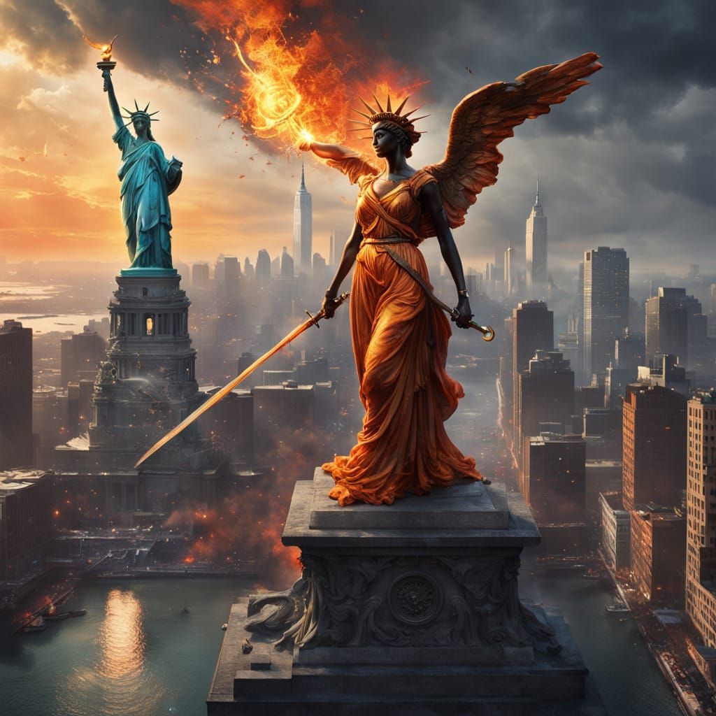 Regal Lady Justice Executes Lady Liberty amidst NYC Inferno