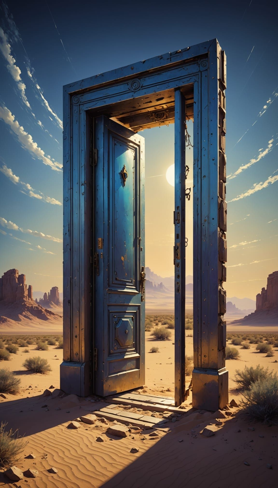 Desert Portal: Luminous Door in Pino Daeni Style