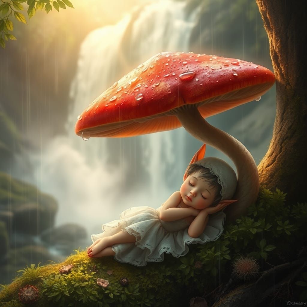 Dreamy Fairy Elf Asleep Under Mushroom
