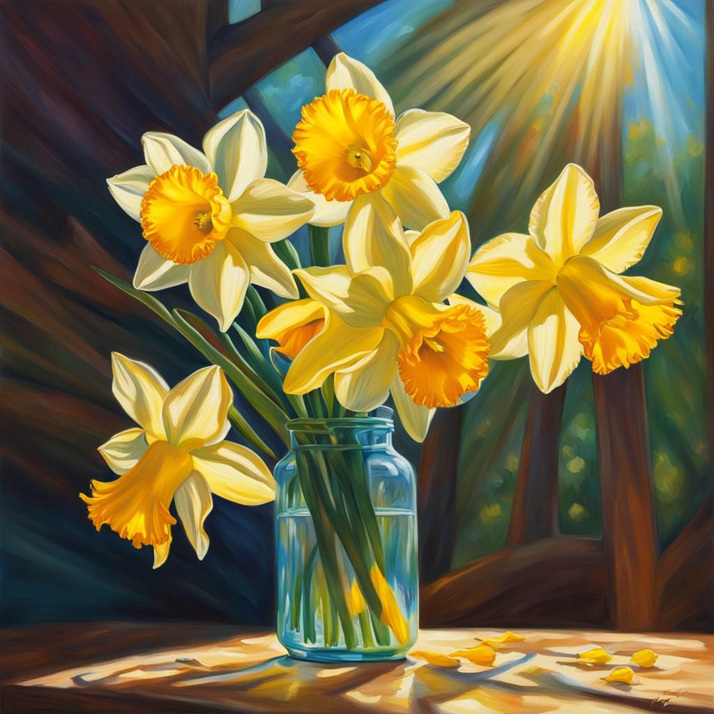 Hyperrealistic Daffodils in Vase with Sunlight